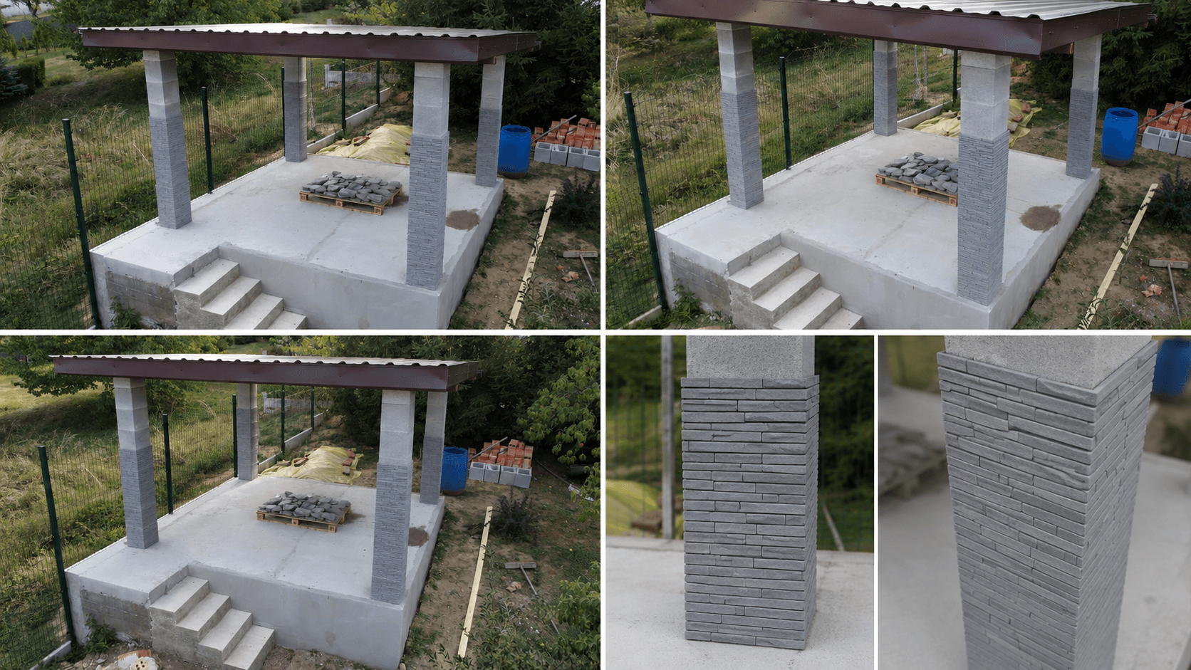 Altánok s betónovými stĺpmi obloženými 3D tlačenými dekoratívnymi panelmi imitujúcimi kameň z ASA materiálu