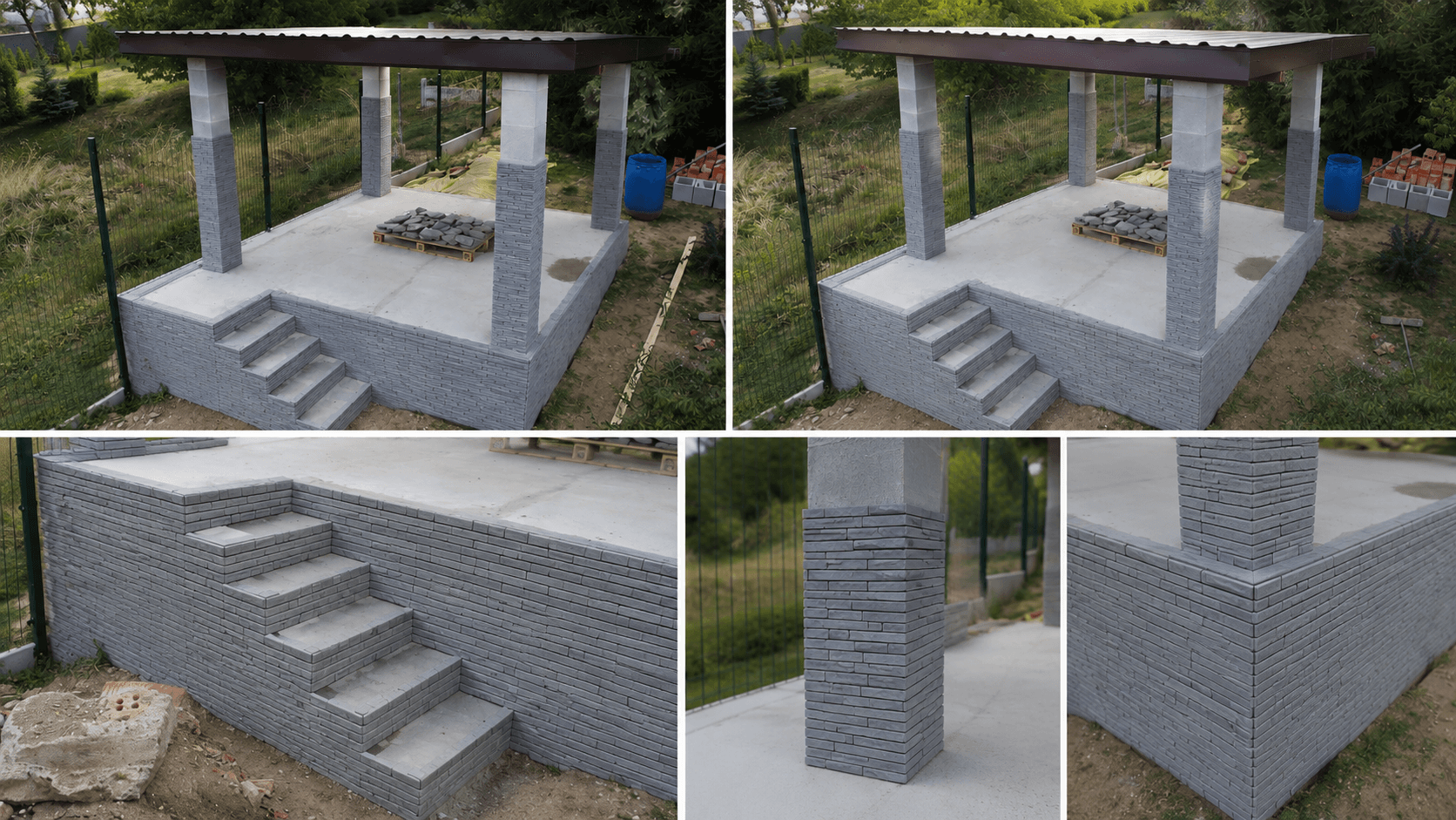 Záhradný altánok s betónovými stĺpmi a schodiskom obloženým sivými 3D tlačenými panelmi imitujúcimi kameň