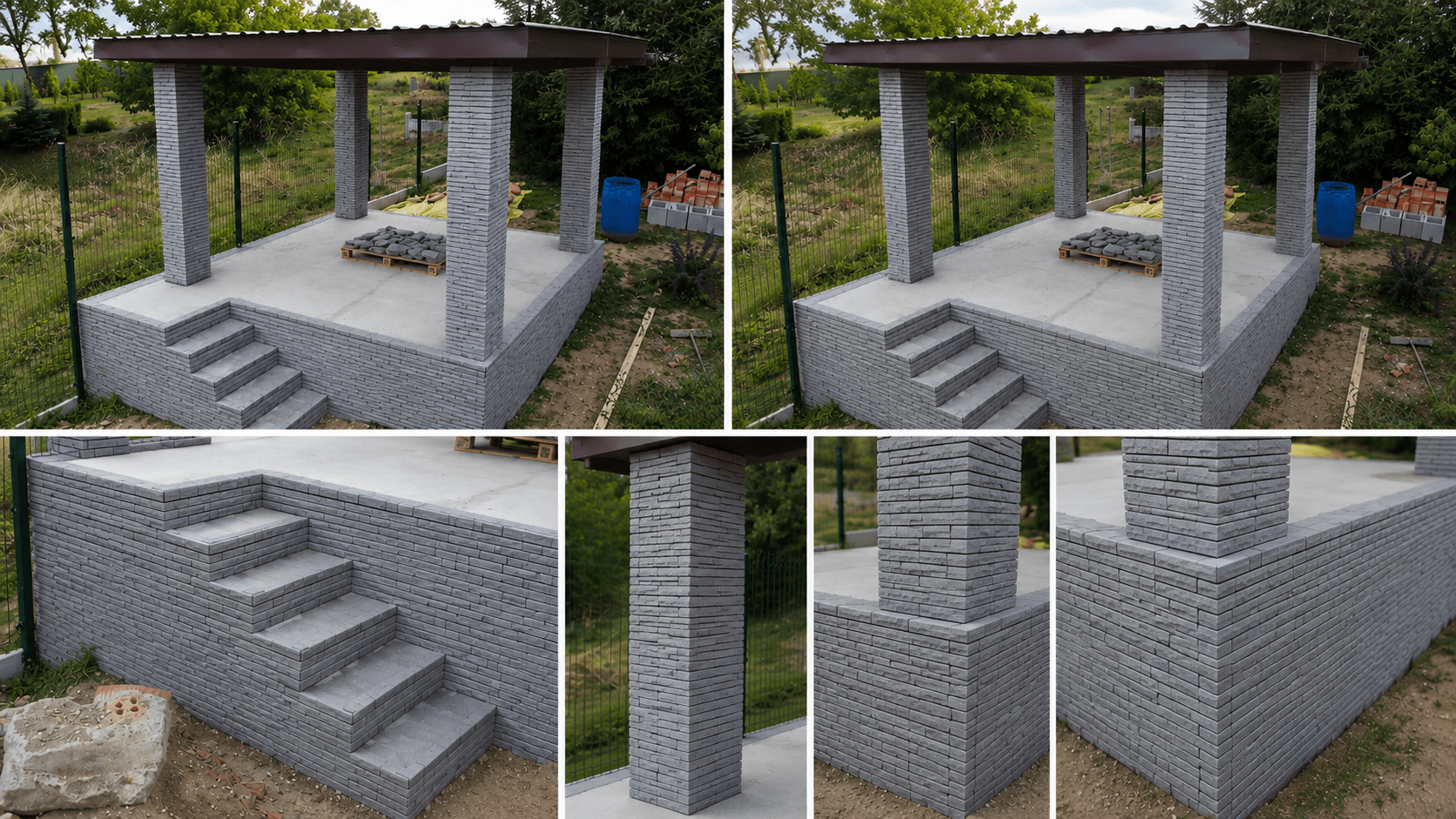 3D tlačený dekoratívny obklad altánku – stĺpy, múrik a schodisko s povrchom imitujúcim kameň